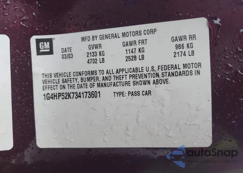 2003 Buick Lesabre Custom from USA, damaged, VIN 1G4HP52K734173601